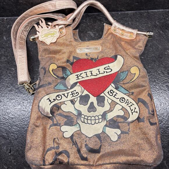 Ed Hardy Handbags - Vintage Y2K Ed Hardy Loves Kills Slowly Skull Roses Large Boho Purse Bag Bronze